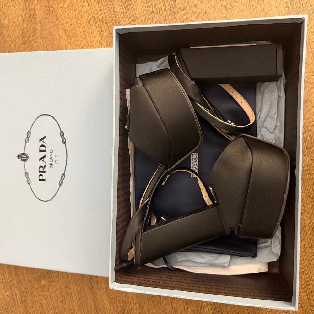 Prada Black Satin Platform Sandal Heels